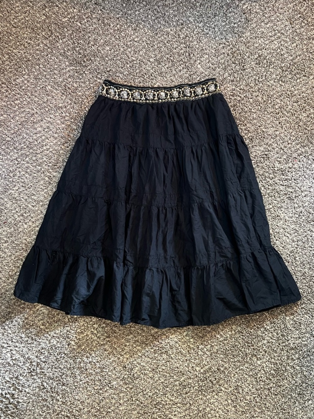Y2K Faded Glory Black Beaded Tiered Cotton Midi Skirt Western Boho Festival